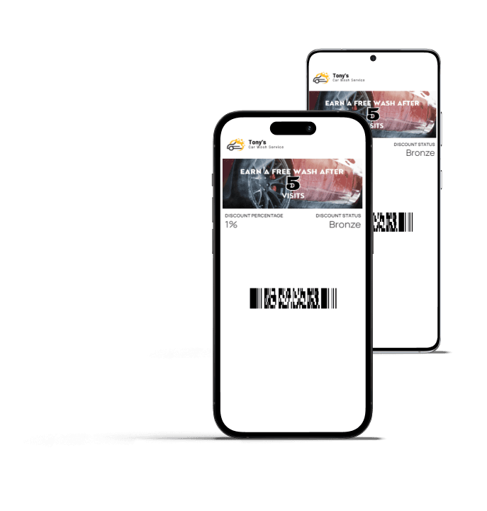 Two smartphones, one iOS and one Android, displaying a digital loyalty card for a Car Wash Service.