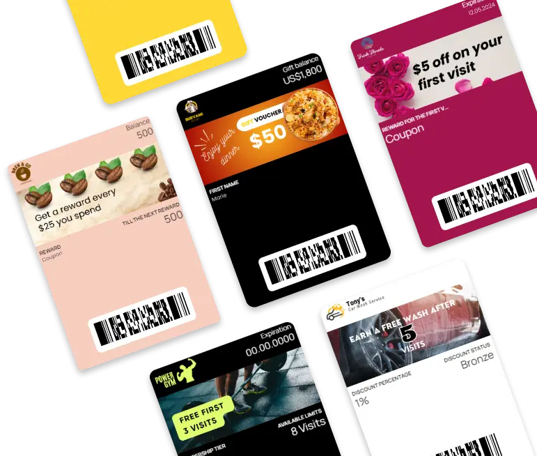 A collection of five digital loyalty cards displayed on smartphone screens, each representing different businesses: a coffee shop, a restaurant, a flower shop, a car wash, and a gym.