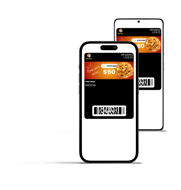 Two smartphones, one iOS and one Android, displaying a digital gift voucher loyalty card for a restaurant