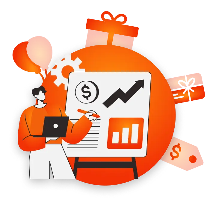 Illustration of a person presenting financial graphs on a board, surrounded by gift boxes and gears, symbolizing business growth and rewards.