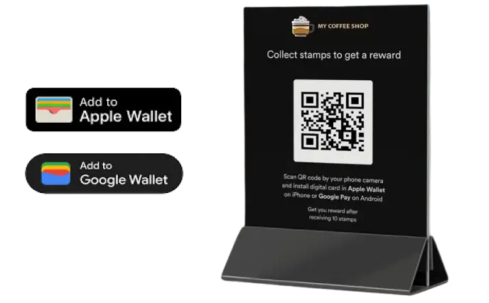 Promotional display for a coffee shop's loyalty program with QR code for adding digital loyalty card to Apple Wallet or Google Wallet.