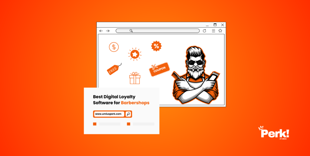 Illustration of a barber cutting hair with loyalty-related icons like coupons, discounts, and gifts, paired with a bold title: 'Best Digital Loyalty Software for Barbershops' on an orange background.