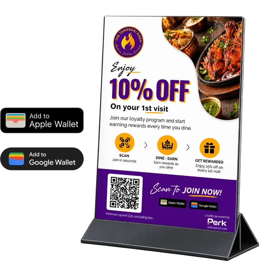 Counter QR stand with Apple Wallet and Google Wallet buttons