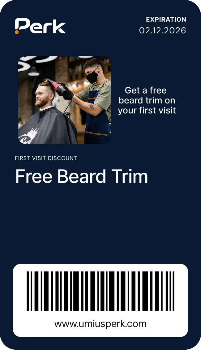 Perk first-visit discount card: free beard trim