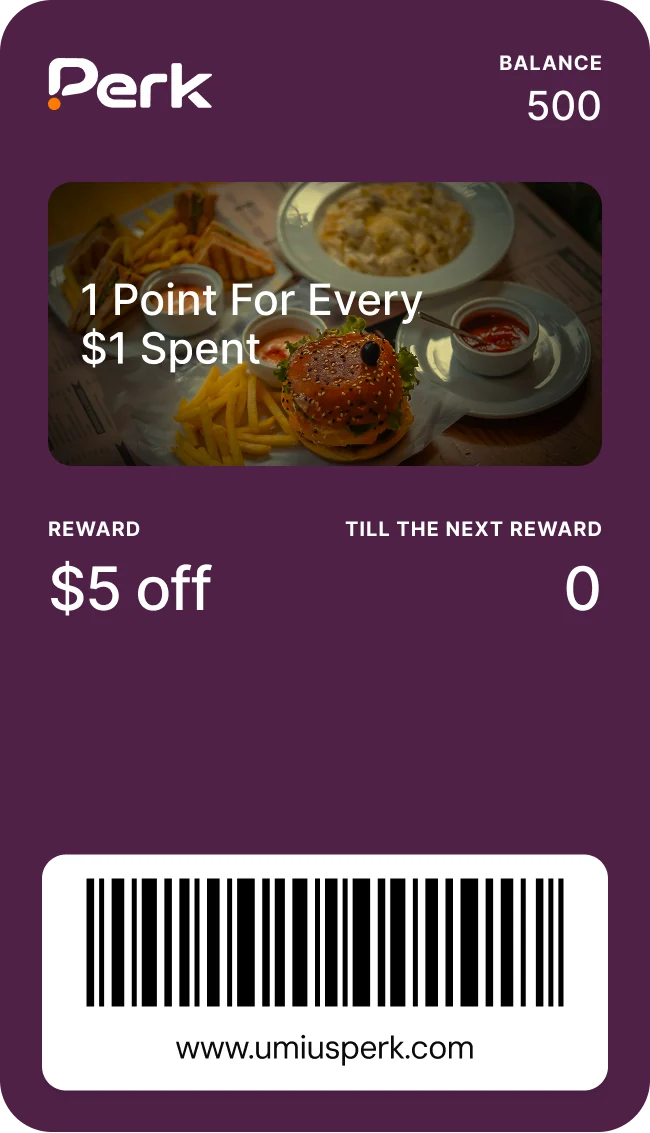 Perk reward card: 1 point for every $1 spent