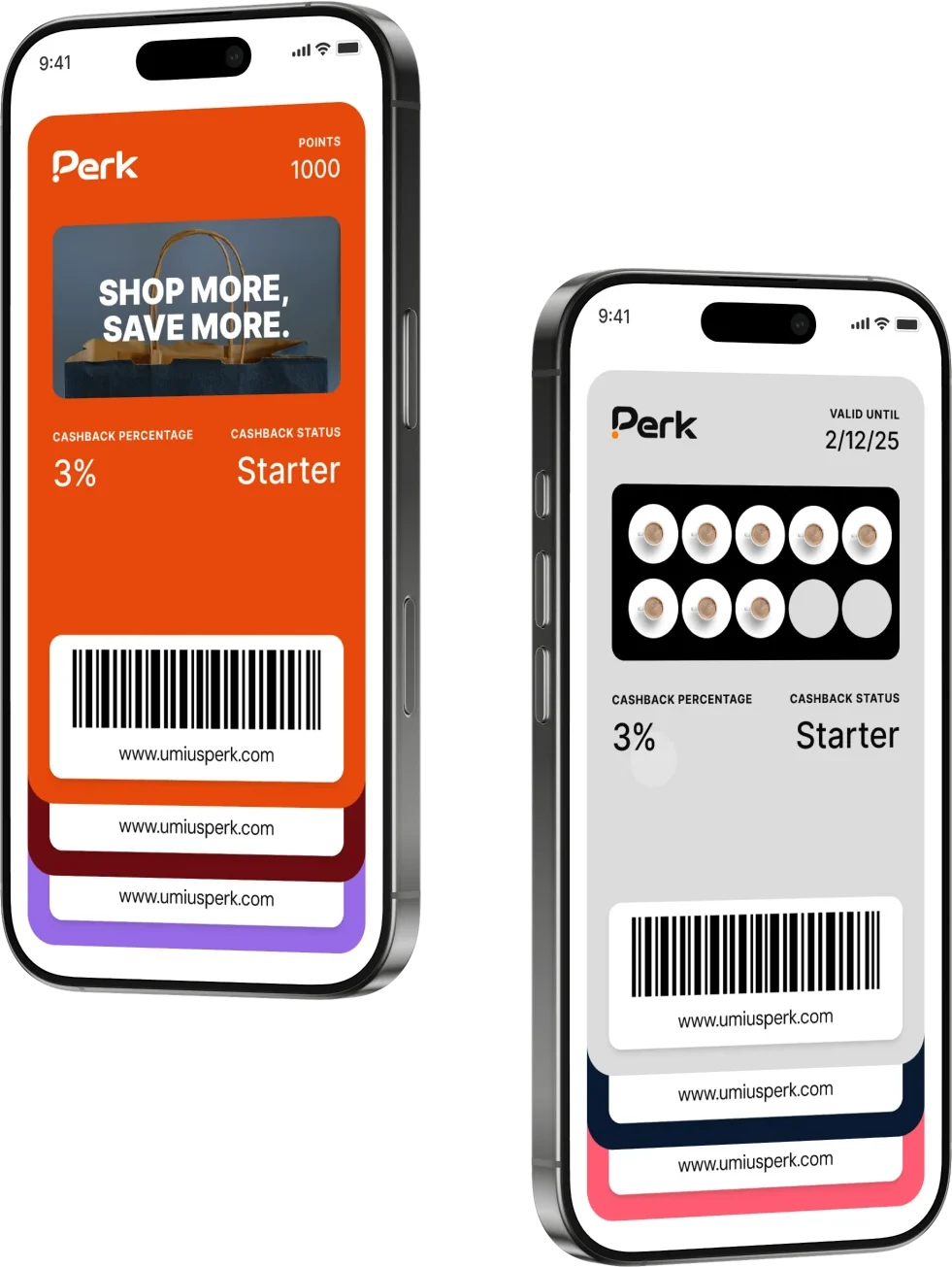 Two phones showing Perk cashback and stamp cards in the wallet