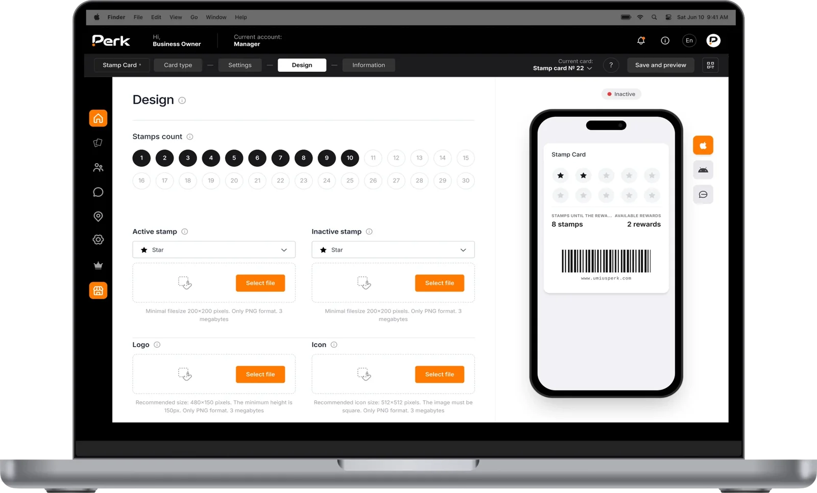 Perk card designer: choose stamps, logo and icon with a live phone preview