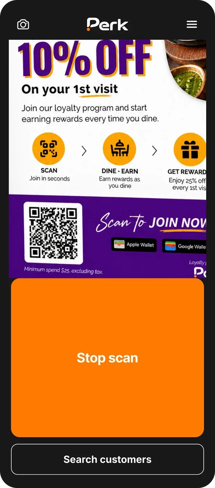 Perk scanner app scanning a customer loyalty card on a phone