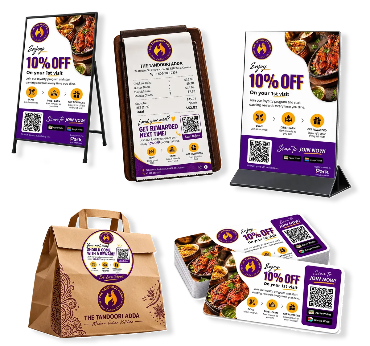Branded QR code signage, receipt, table tent, takeaway bag and flyers promoting a Perk loyalty card