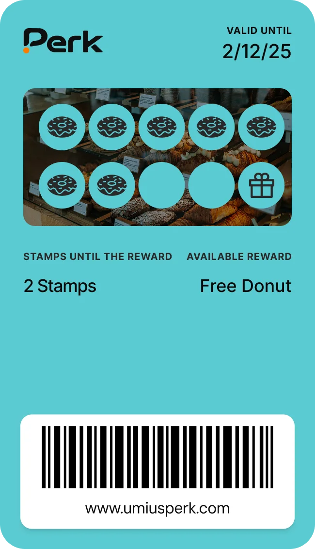 Perk bakery stamp card: 2 stamps until a free donut