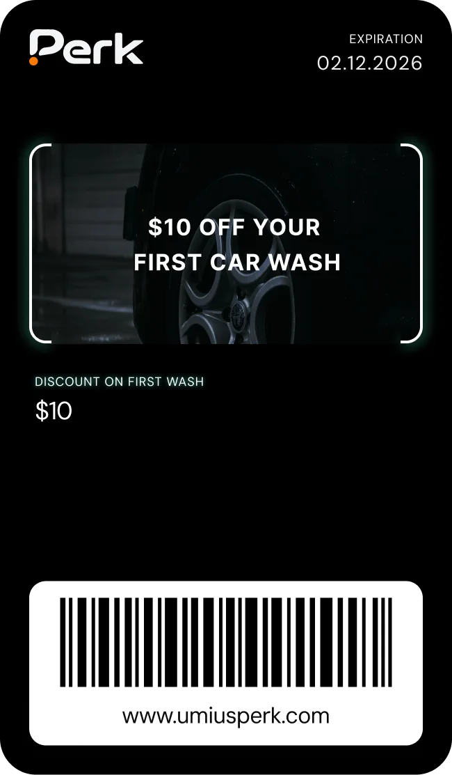 Perk car wash discount card: $10 off your first car wash