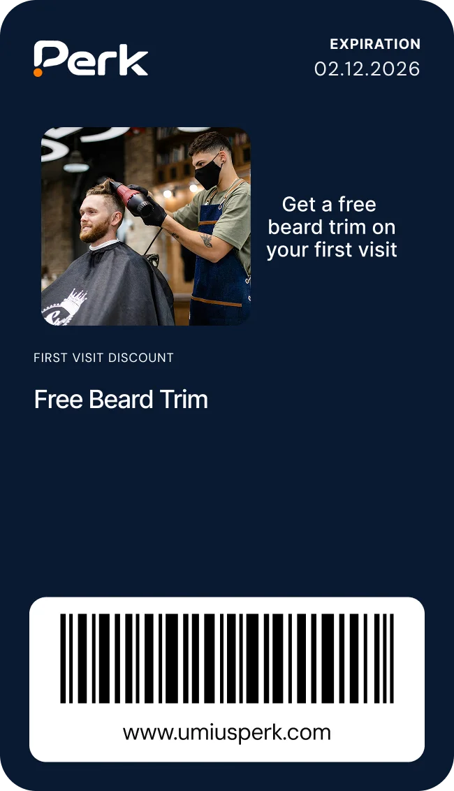 Perk first-visit discount card: free beard trim