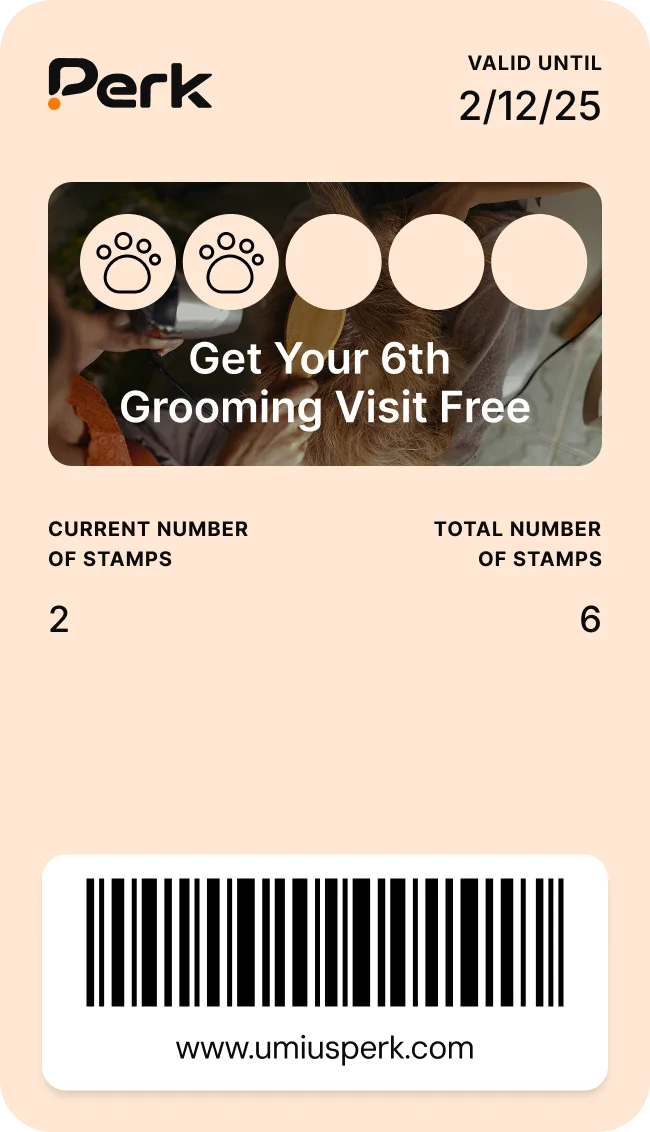Perk pet groomer stamp card: get your 6th grooming visit free