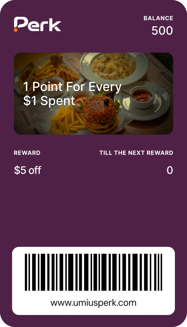 Perk reward card: 1 point for every $1 spent