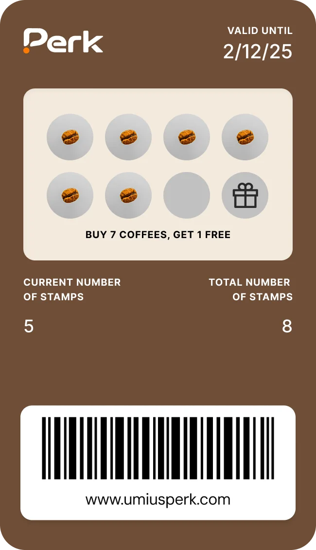 Perk digital stamp card: buy 7 coffees, get 1 free, 5 of 8 stamps