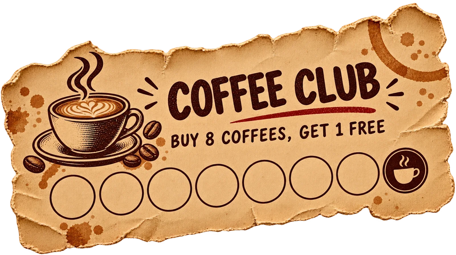 Paper coffee club punch card: buy 8 coffees, get 1 free