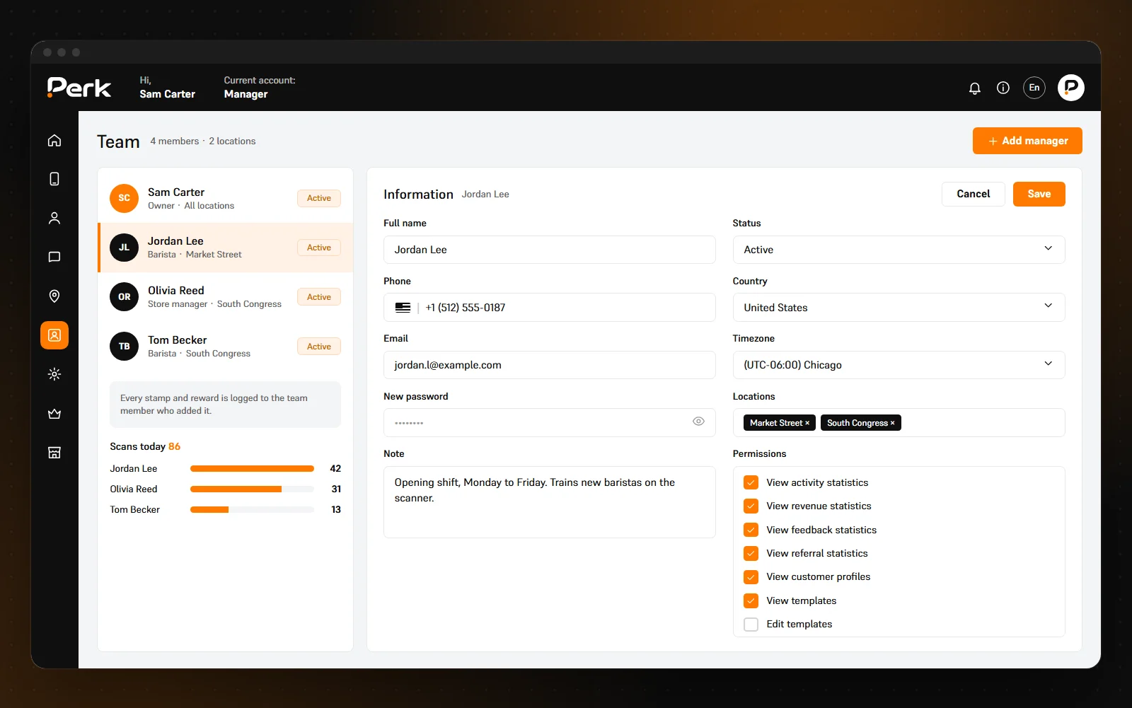 Perk dashboard: team management with manager details, locations and permissions
