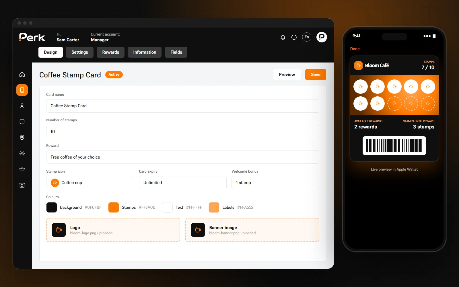 Perk card builder with rewards settings and live wallet card preview