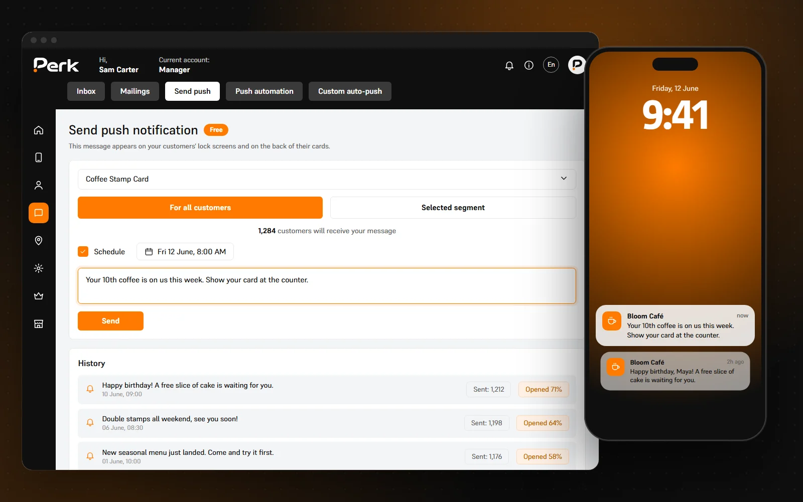 Perk dashboard: composing a scheduled push notification with lock screen preview