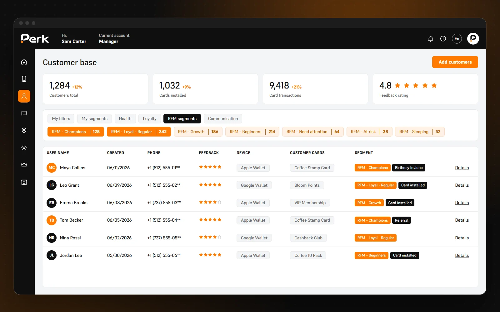 Perk dashboard: customer insights with RFM segments