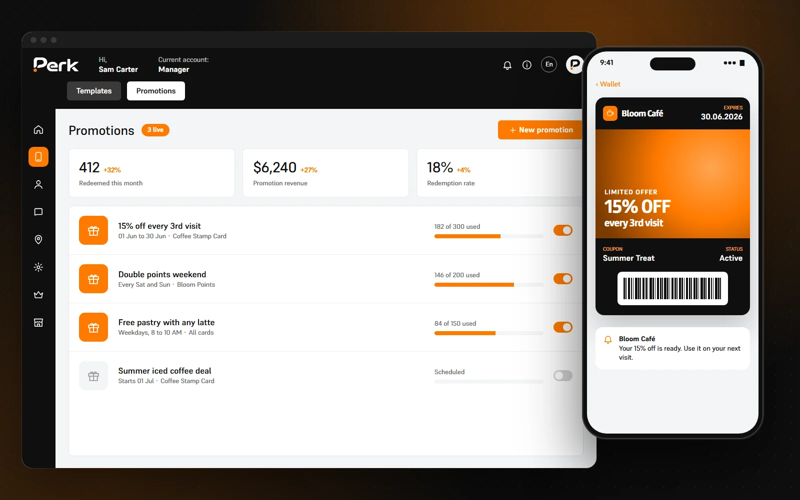 Perk dashboard: promotions with usage limits and card preview